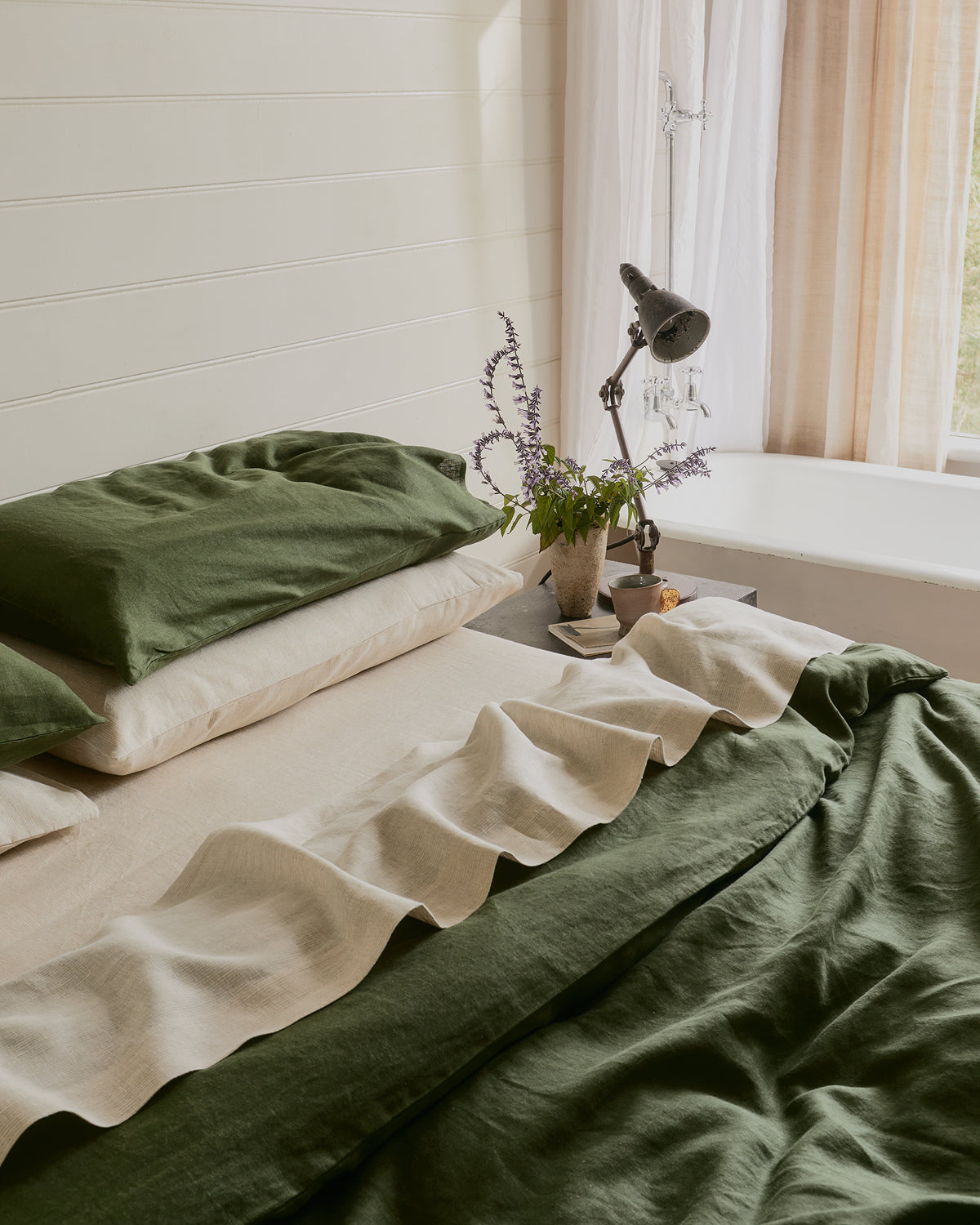100% French Flax Linen Bedding Bundle - Olive & Oatmeal