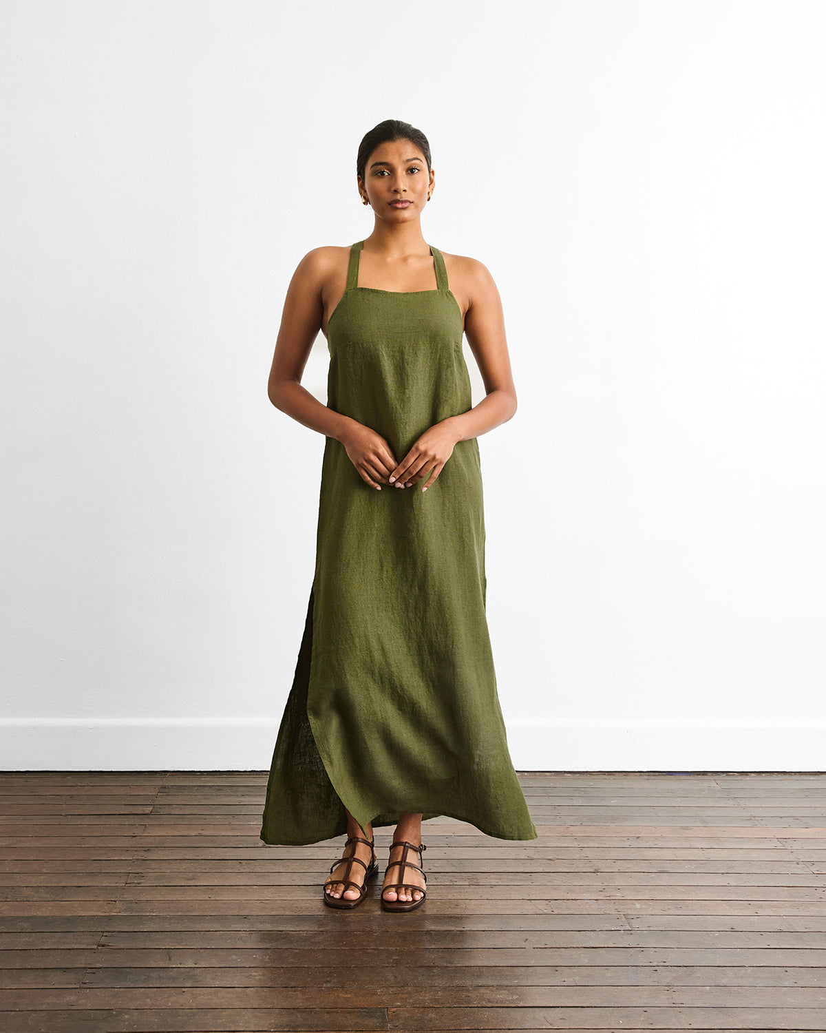 Dark Green Linen Midi Dress Tokito European Linen Blend Midi Dress With  Detachable Straps In Green