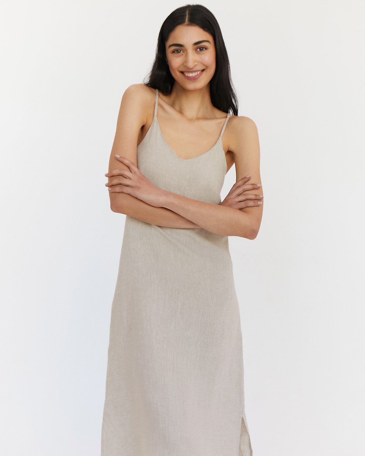 Oatmeal 100% French Flax Linen Midi Dress - Main Image