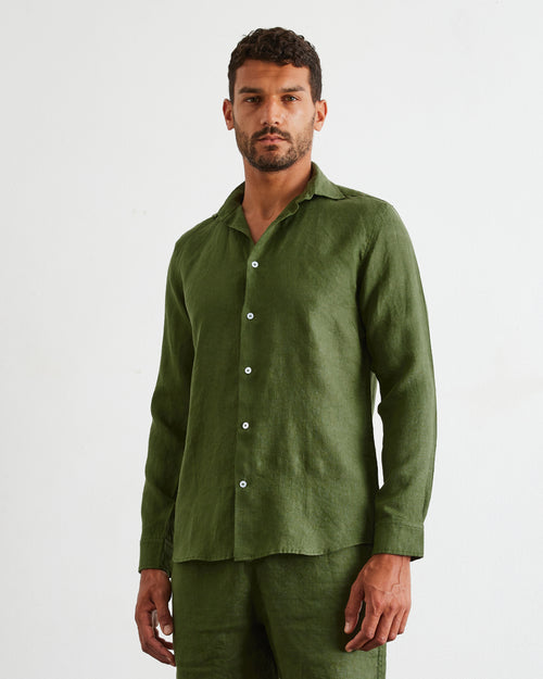 Olive 100% French Flax Linen Men's Long Sleeve Shirt