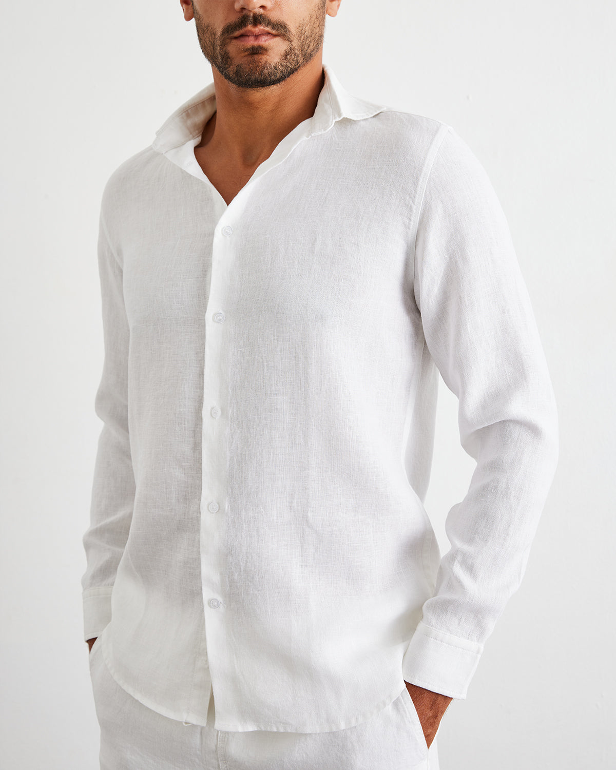 White 100% French Flax Linen Men's Long Sleeve Shirt