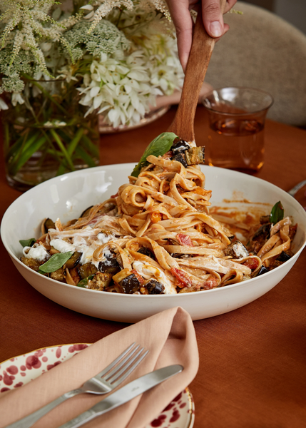 Sian Redgrave's Fettuccine With Cherry Tomatoes, Roasted Eggplant, and Burrata