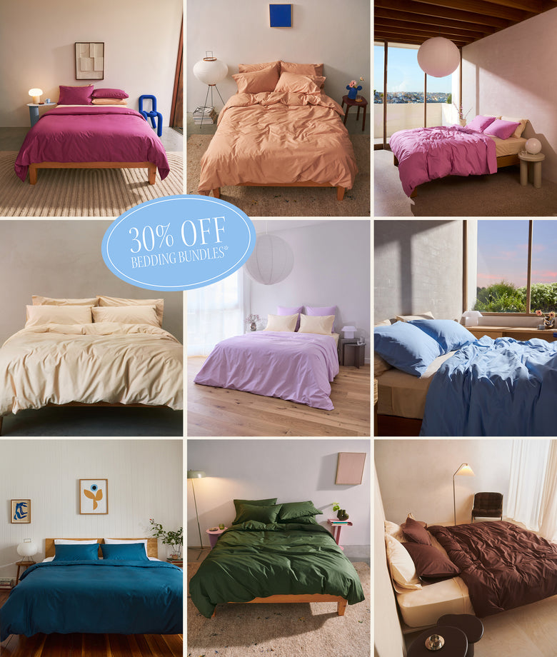 A grid of nine photos shows beds with different colored bedding sets in various modern bedrooms. A blue label in the center reads 30% OFF BEDDING BUNDLES*. Each room has unique decor and lighting.