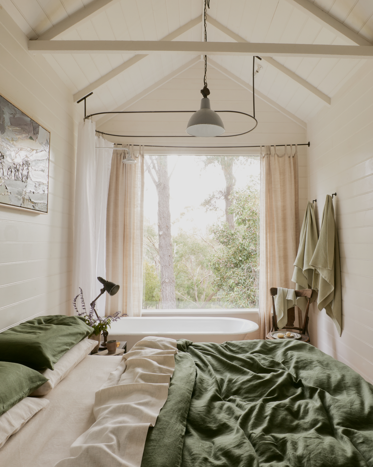 Olive & Oatmeal & White Stripe 100% French Flax Linen Bedding Bundle