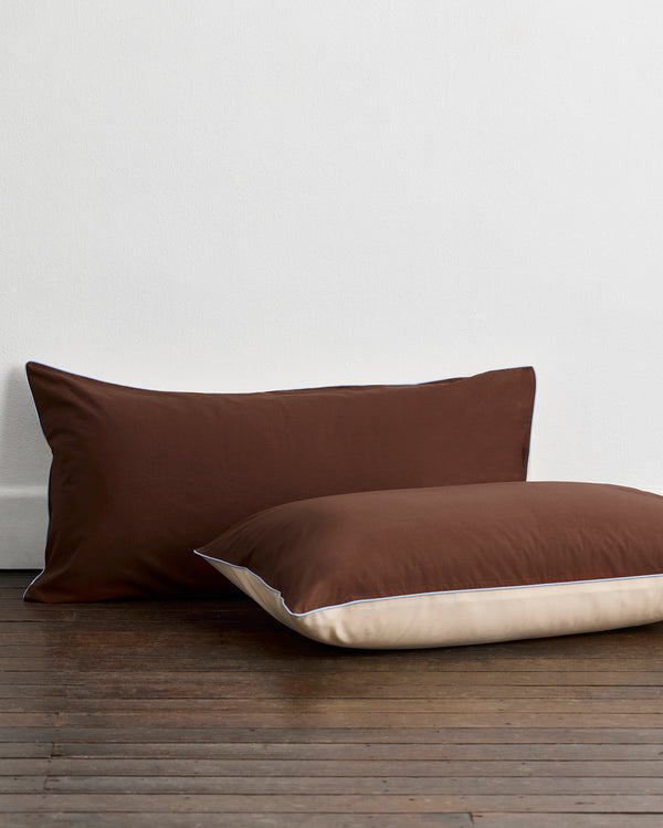 Espresso, Vanilla & Sky Piped 100% Organic Cotton Percale King Pillowcases (Set of Two)