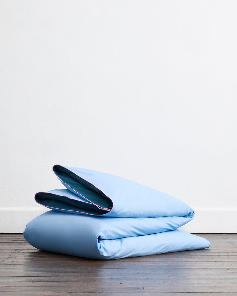 Aegean, Sky & Bubblegum Piped 100% Organic Cotton Percale Duvet Cover Set