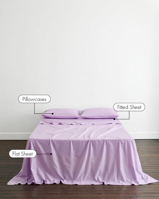A neatly made bed features the Bed Threads Violet 100% Organic Cotton Sheet Set—labeled pillowcases, fitted sheet, and flat sheet—in a minimal white room with wooden floors.