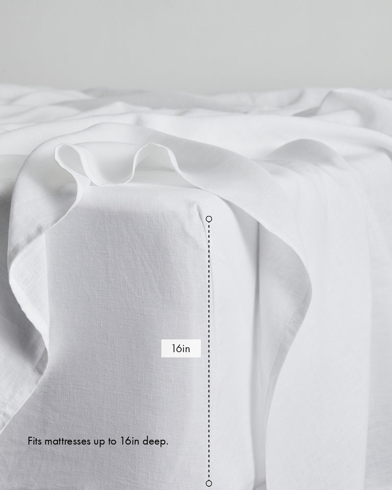 White 100% French Flax Linen Fitted Sheet