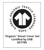 Black and white Global Organic Textile Standard (GOTS) logo above the text: Organic Duvet Cover Set Certified by USB 007786.
