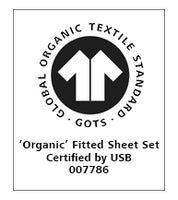Black and white Global Organic Textile Standard (GOTS) logo above the text: “‘Organic’ Fitted Sheet Set Certified by USB 007786.”.