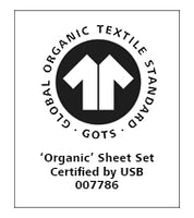 A black and white GOTS certification label with a circular logo, bold arrows, and the text: GLOBAL ORGANIC TEXTILE STANDARD GOTS. Organic Sheet Set Certified by USB 007786.