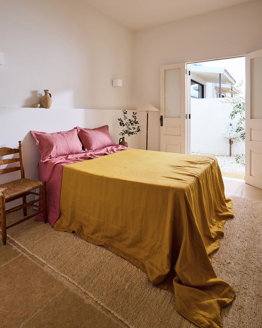 Pink Clay & Turmeric Two-Tone Quilt 100% French Flax Linen