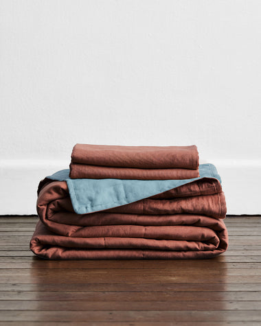 Cacao & Lagoon 100% French Flax Linen Quilt Set