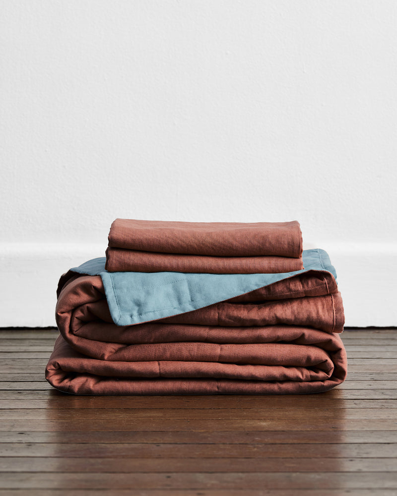Cacao & Lagoon 100% French Flax Linen Quilt Set