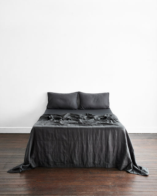 Charcoal 100% French Flax Linen Quilted Bed Cover Set