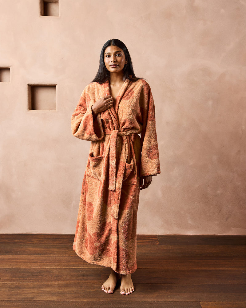 Hazelnut & Terracotta Floral 100% French Flax Linen Terry Bath Robe