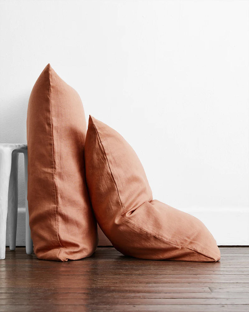Two large, rust-hued cushions from the Bed Threads Earthy Muslin Throw Bedding Bundle lean against a white wall on a wooden floor—one upright, one angled. A small white side table is partly visible nearby.