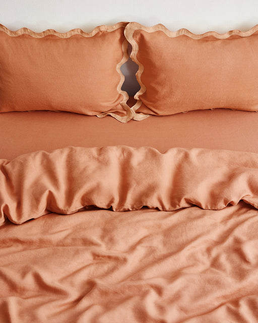 Hazelnut & Terracotta 100% French Flax Linen Scalloped Pillowcases (Set of Two)