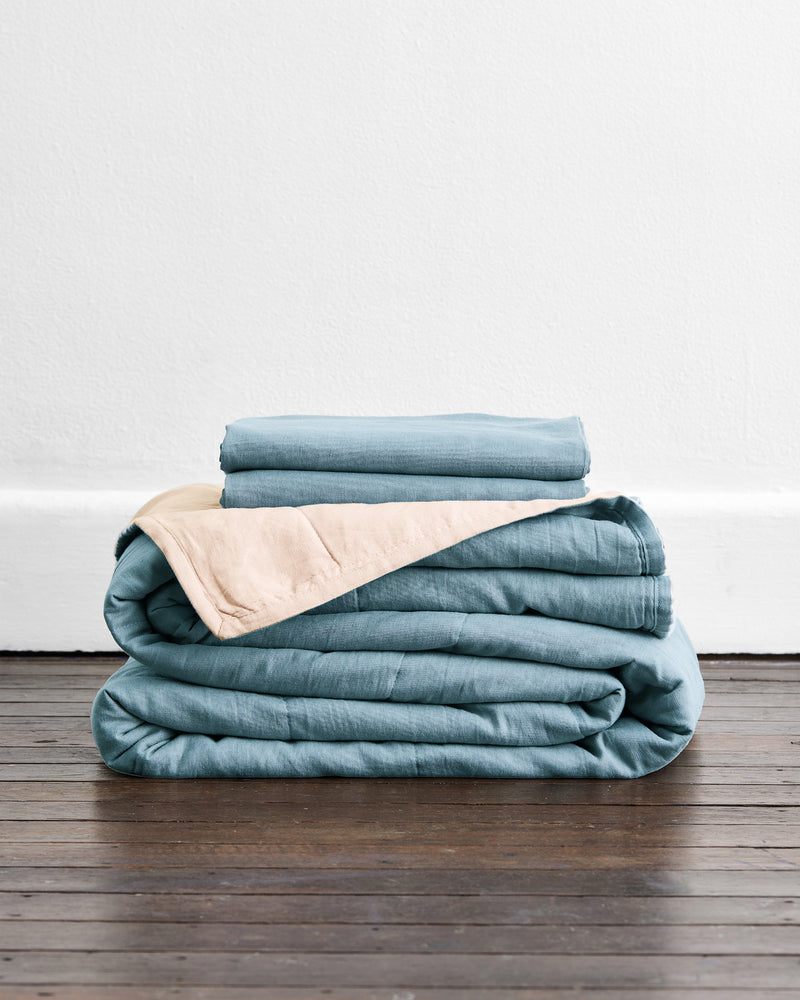 Lagoon & Crème 100% French Flax Linen Quilt Set
