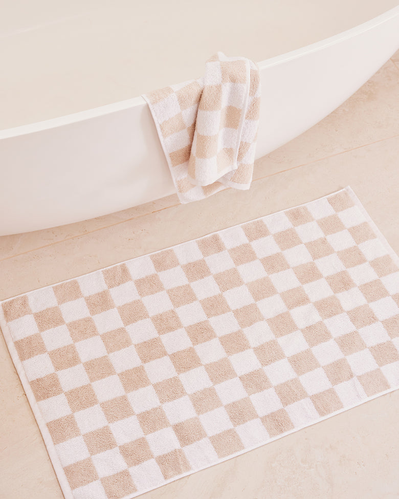 White & Oatmeal Check 100% French Flax Linen Terry Bath Mat – Bed