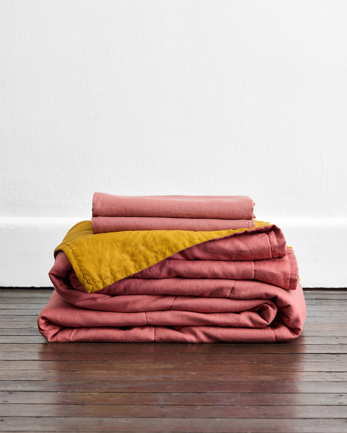100% French Flax Linen Quilt Set - Pink Clay & Turmeric | Bed Threads