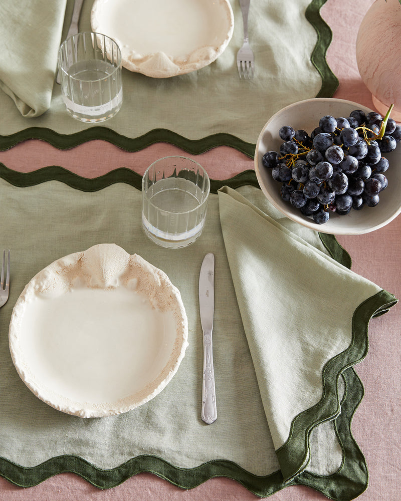 Set Of 6 Cotton Linen Placemats, 13X19 Inch Scalloped Wavy Embroidery Placemat Double Layered Washable Rustic Rectangle Dinner Table Mats For Kitchen Christmassage Green With White W117621529