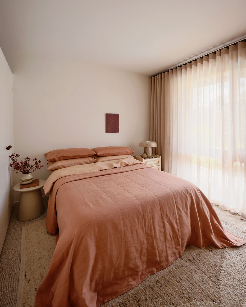 100% French Flax Linen Quilt Set - Terracotta & Hazelnut | Bed Threads