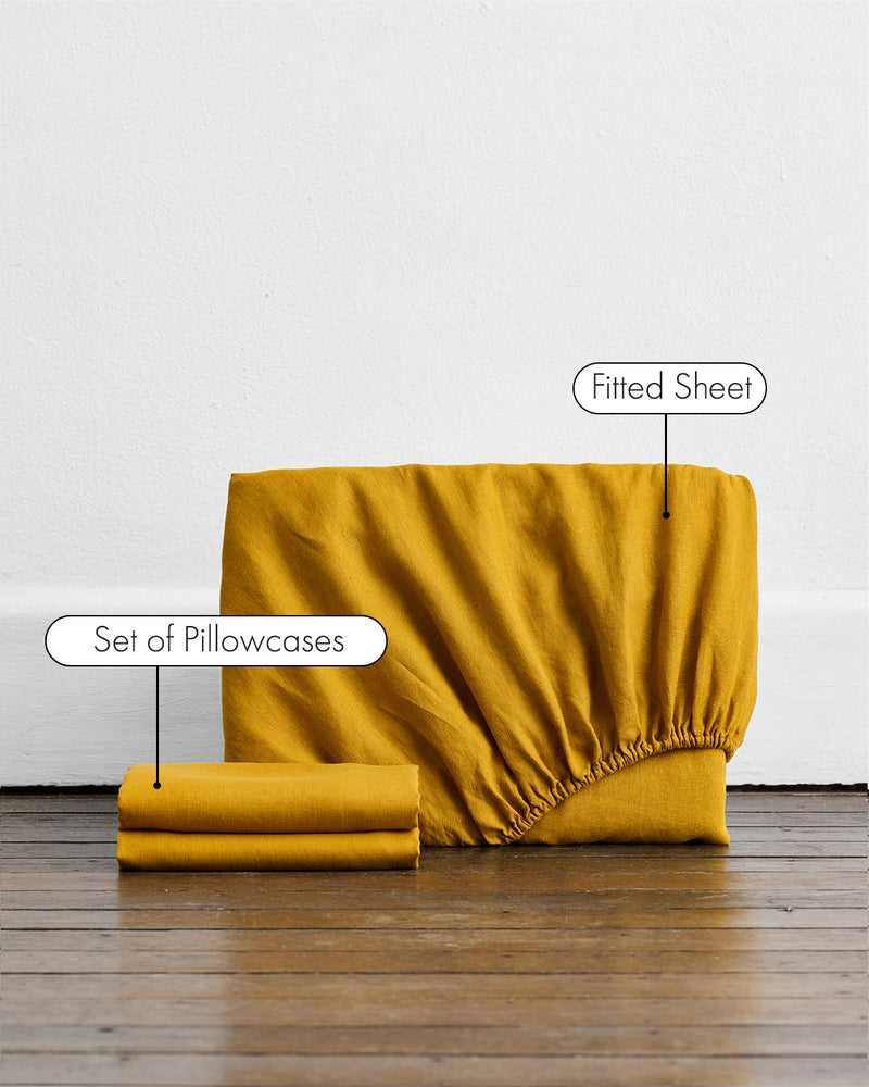 Turmeric 100% French Flax Linen Fitted Sheet Set