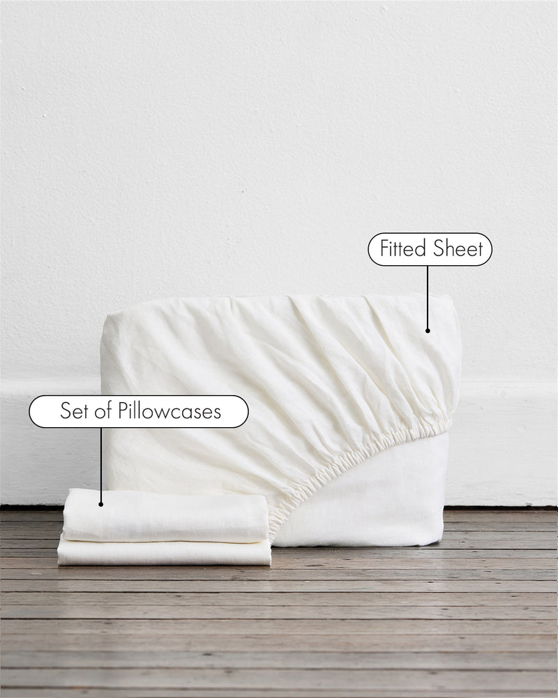 White 100% French Flax Linen Fitted Sheet Set