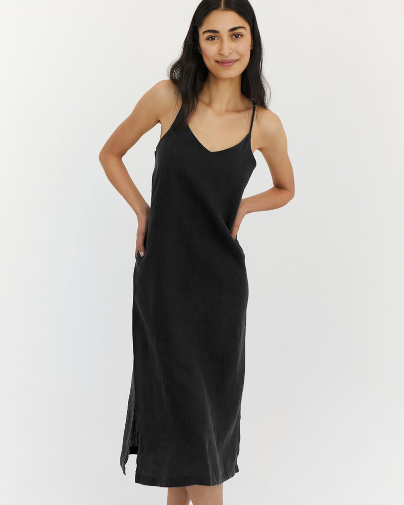 Charcoal 100% French Flax Linen Midi Dress