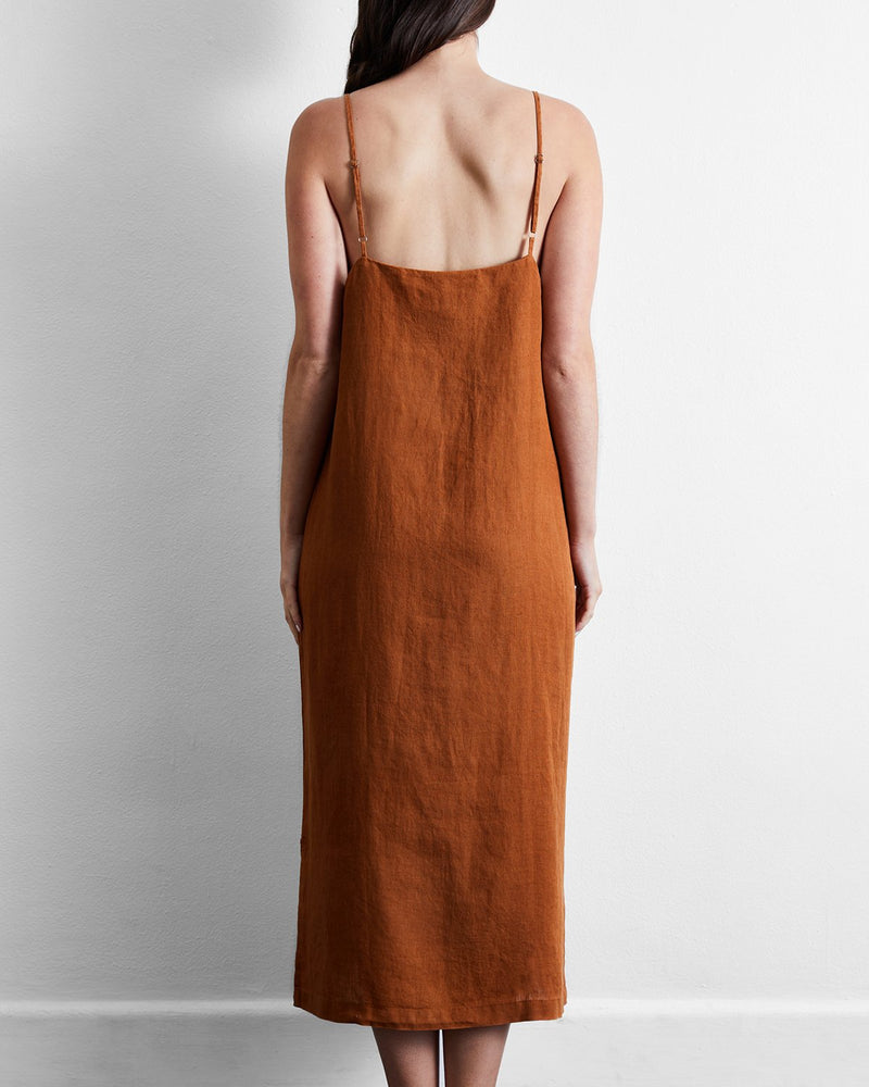 Rust 100% French Flax Linen Midi Dress