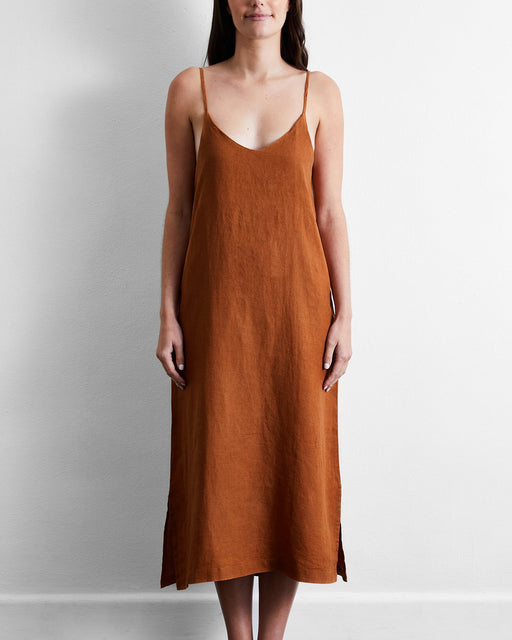 Rust 100% French Flax Linen Midi Dress