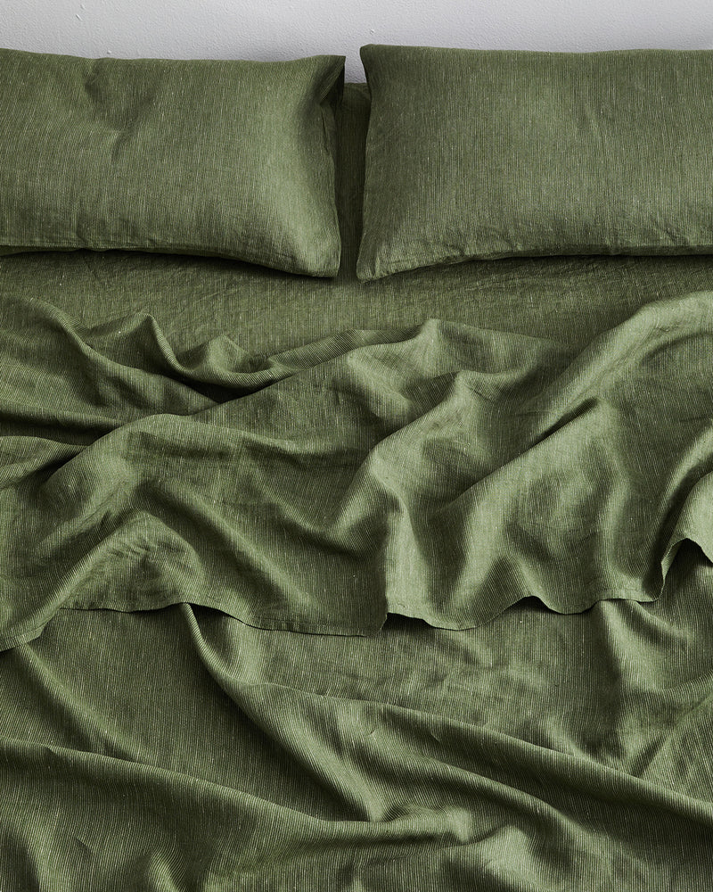 Olive Stripe 100% French Flax Linen Fitted Sheet