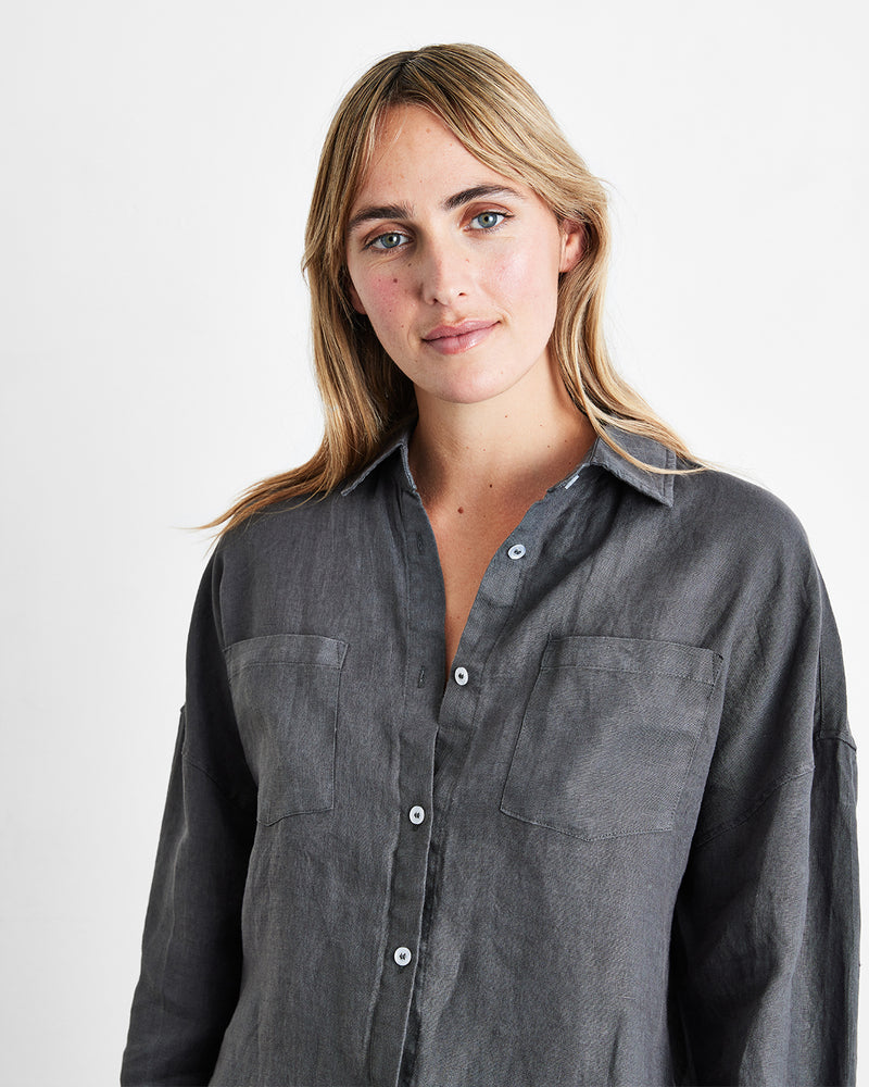 Charcoal 100% French Flax Linen Long Sleeve Shirt