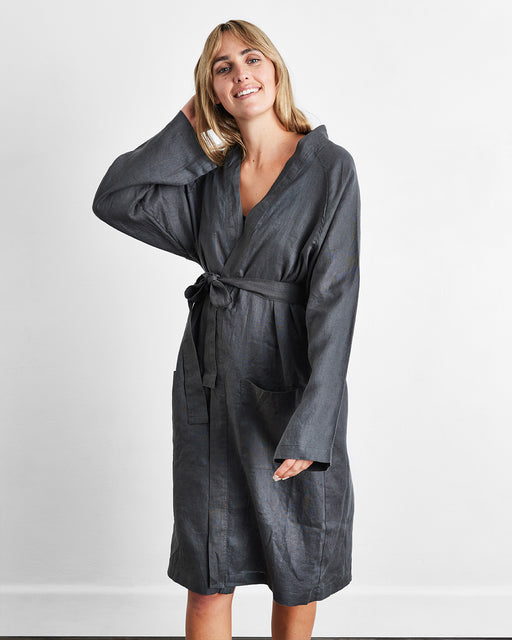 Charcoal 100% French Flax Linen Classic Robe