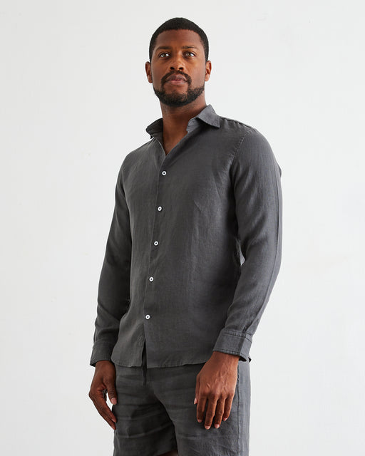 Charcoal 100% French Flax Linen Men's Long Sleeve Shirt