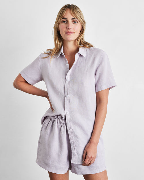 Lilac 100% French Flax Linen Short Sleeve Shirt