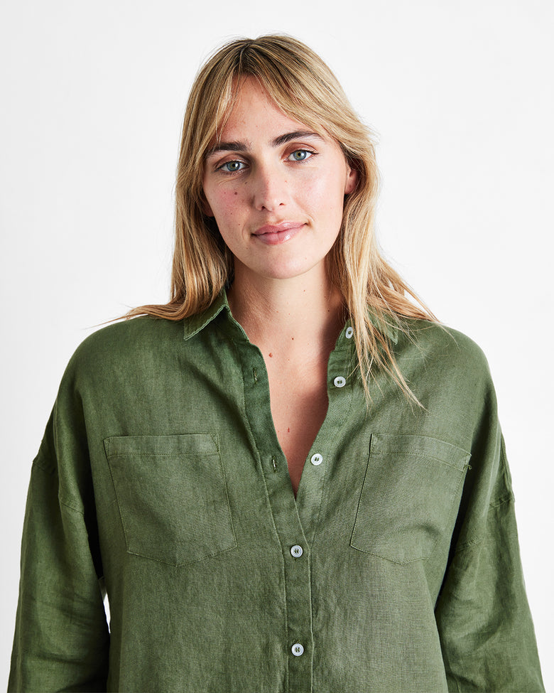 Olive 100% French Flax Linen Long Sleeve Shirt – Bed Threads