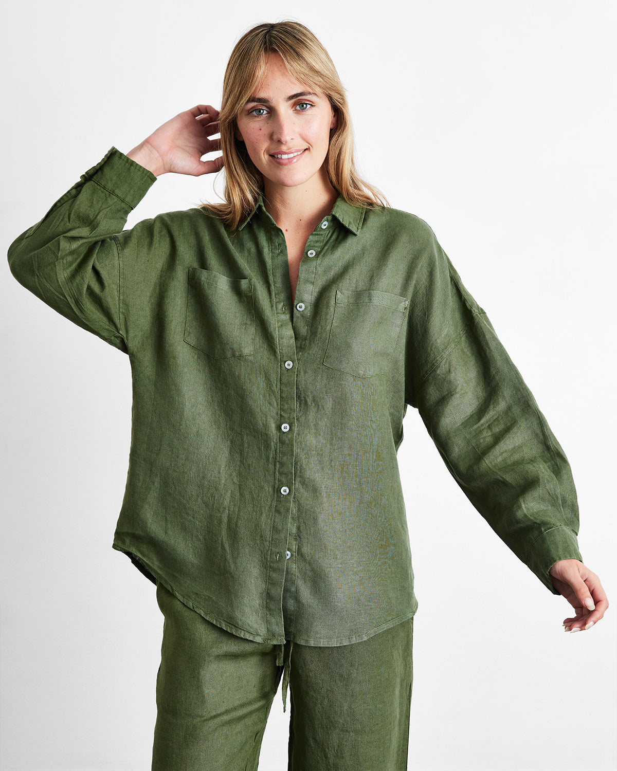 Olive 100% French Flax Linen Long Sleeve Shirt