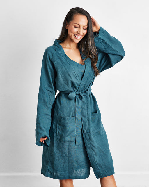 Petrol 100% French Flax Linen Classic Robe
