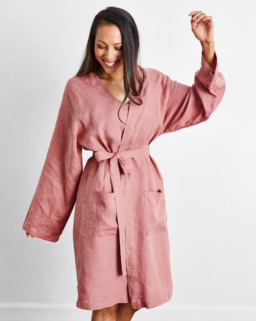 Pink 100% French Flax Linen Classic Robe