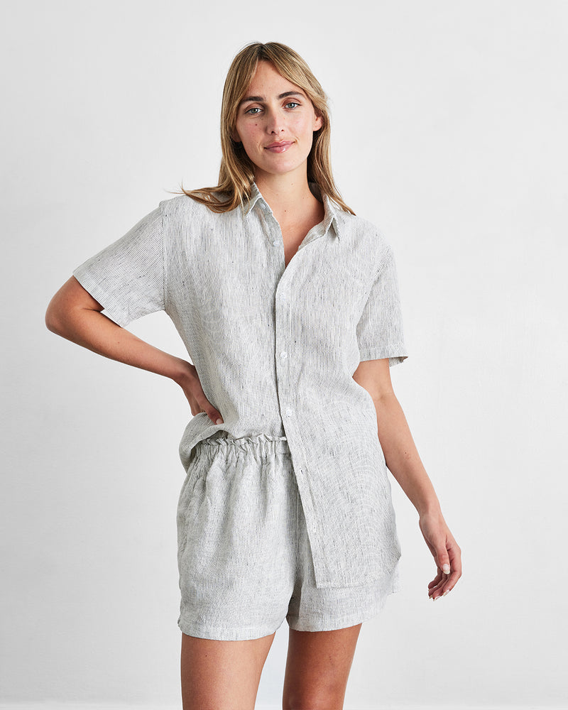 Pinstripe 100% French Flax Linen Short Sleeve Shirt