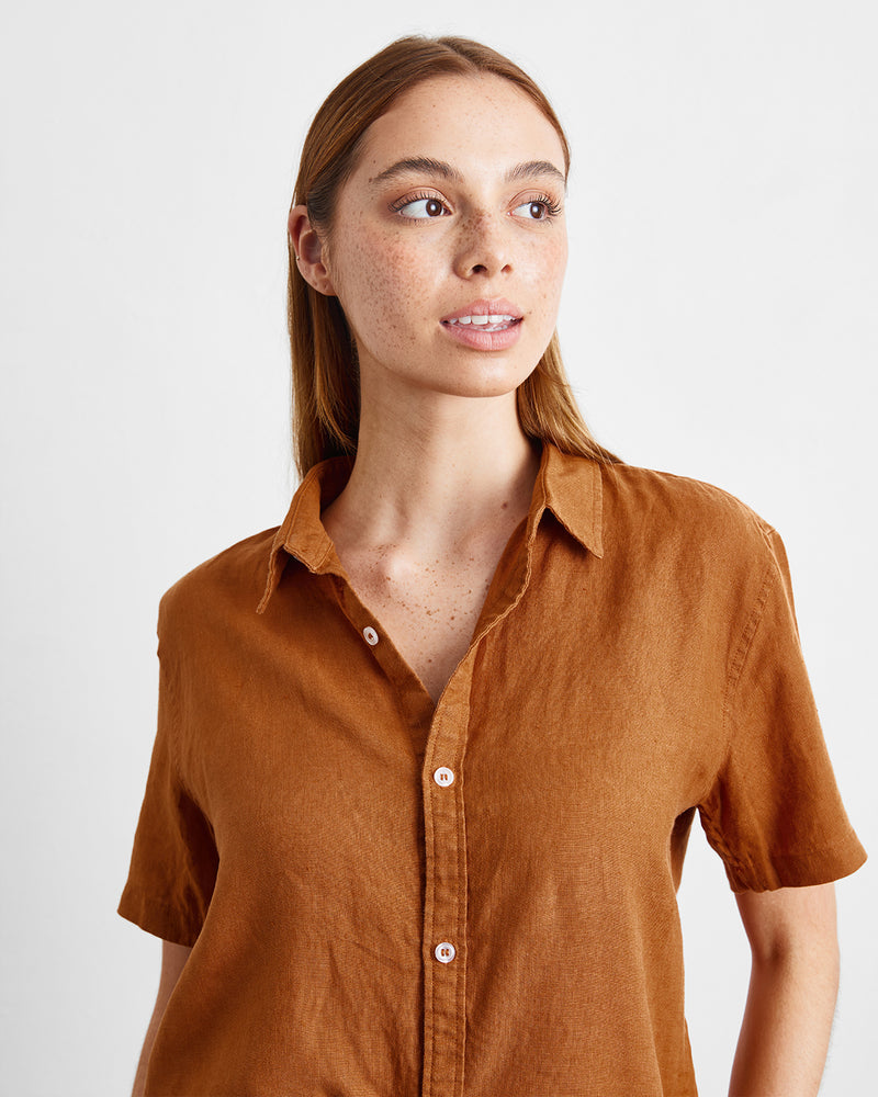Rust 100% French Flax Linen Short Sleeve Shirt