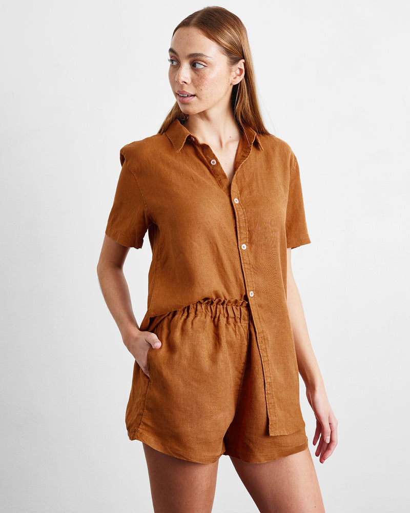 Rust 100% French Flax Linen Short Sleeve Shirt