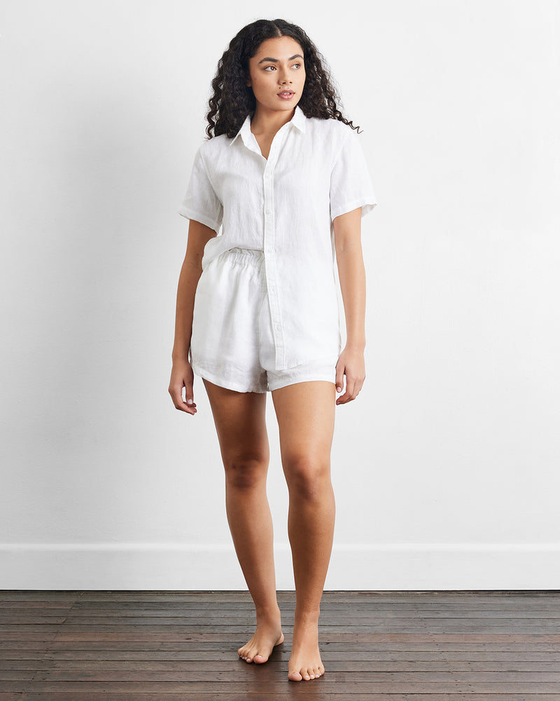 White 100% French Flax Linen Short Sleeve Shirt