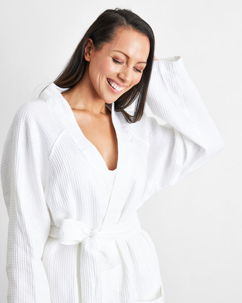 White 100% French Flax Linen Waffle Robe
