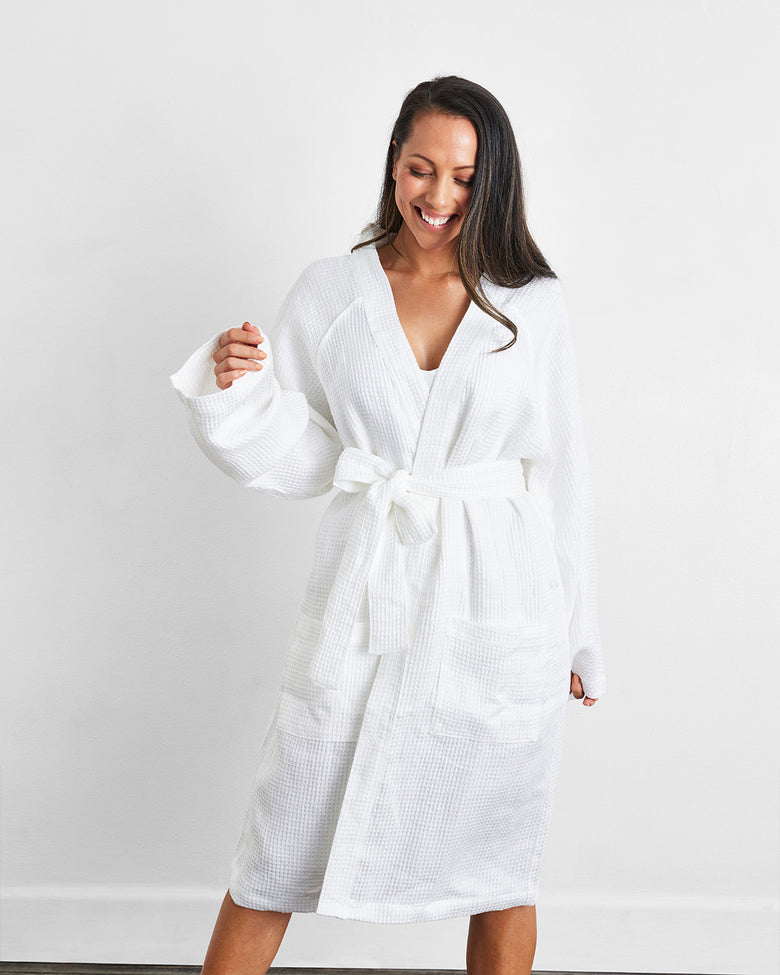 White 100% French Flax Linen Waffle Robe – Bed Threads