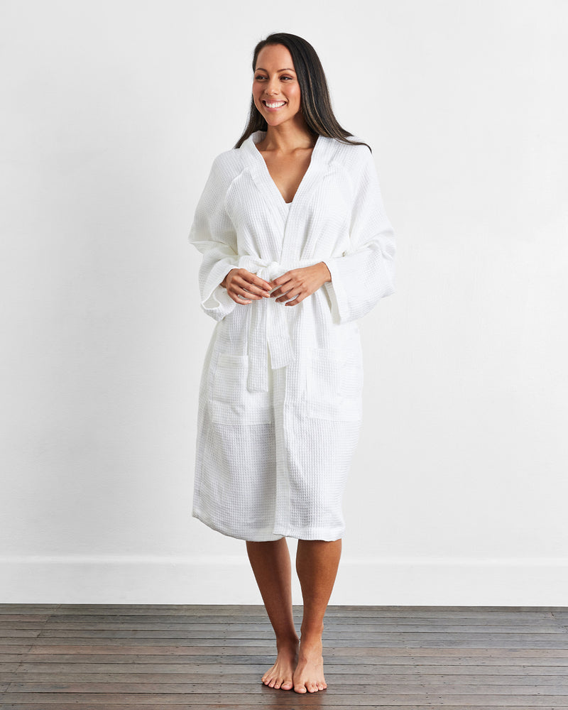 White 100% French Flax Linen Waffle Robe