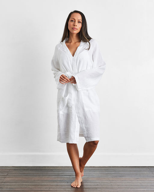 White 100% French Flax Linen Classic Robe